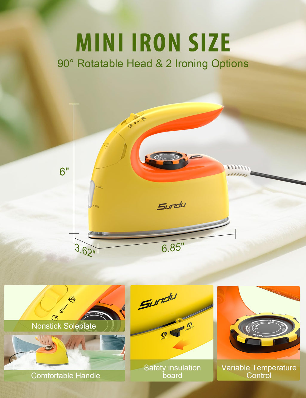 Sundu 1000W Mini Travel Steam Iron, Portable Small Iron for Quilting & Sewing, Non-Stick Soleplate, 300 Steam Holes, 90ml Tank, Safety Base & Digital Temperature Control-Yellow