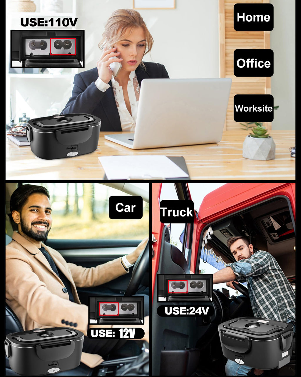 Buddew Electric Heated Lunch Box, 80W Fast Heating with Dual 1.5L Food-Grade 304 Stainless Steel, 12V/24V/110V Portable Food Warmer for Car Truck Office Adults, Lonchera Electrica Portatil (Black)