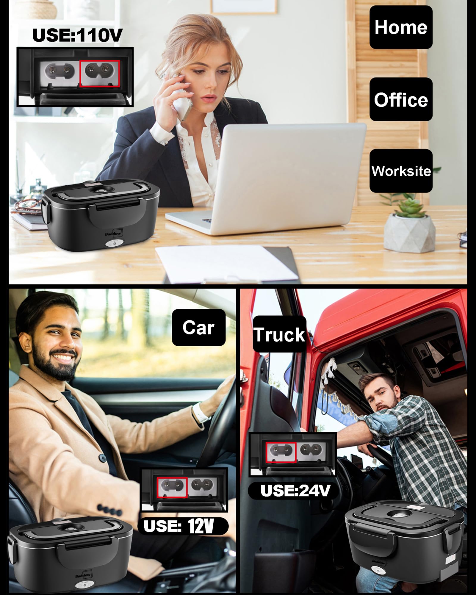 Buddew Electric Heated Lunch Box, 80W Fast Heating with Dual 1.5L Food-Grade 304 Stainless Steel, 12V/24V/110V Portable Food Warmer for Car Truck Office Adults, Lonchera Electrica Portatil (Black)