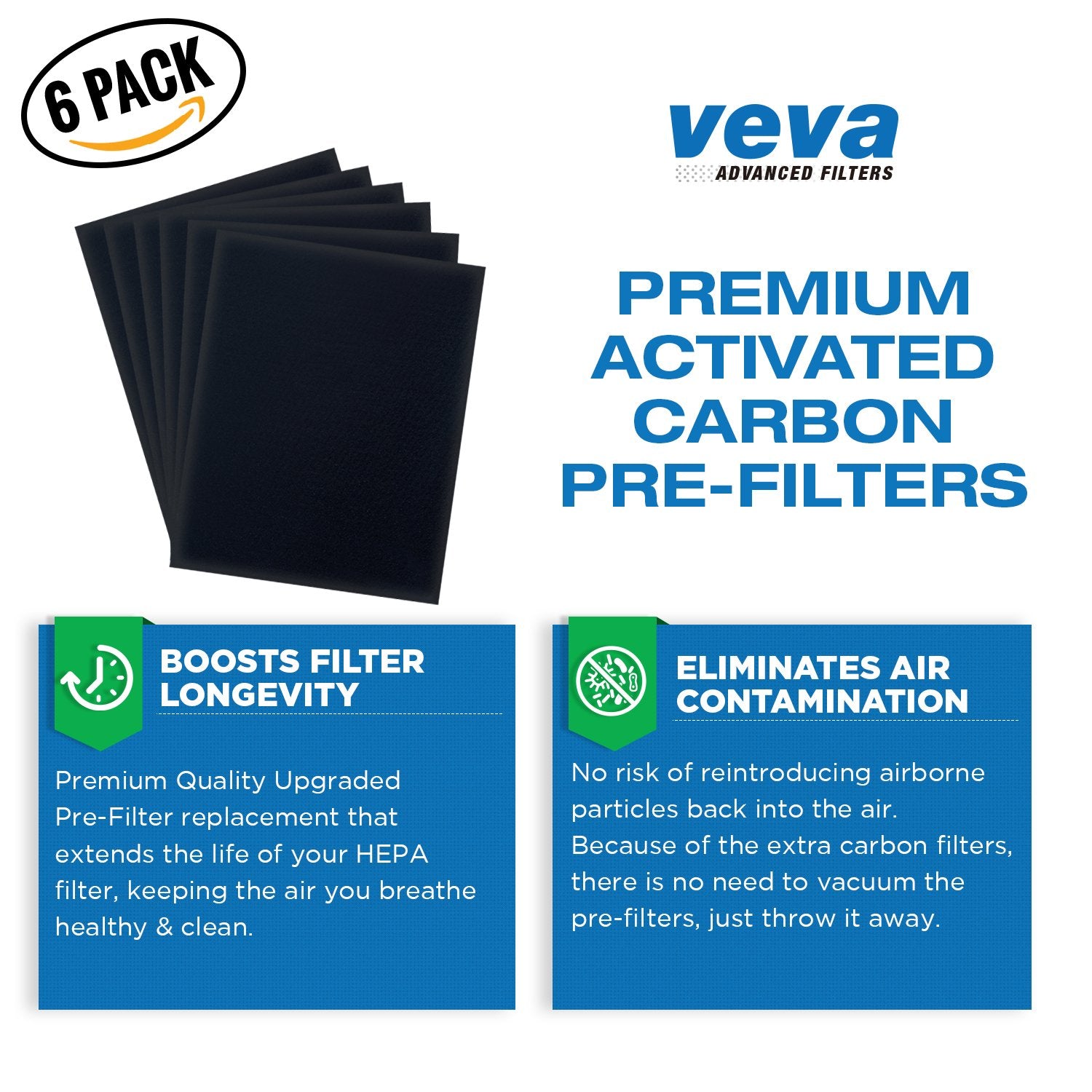 VEVA Premium 2 HEPA Replacement Filters and 6 Activated Carbon Pre Filters for Blueair 200/300 Series Models 201, 203, 205, 215B, 250E, 270E, 303 Air Purifiers - To Stop Smoke, Odor, and Dust