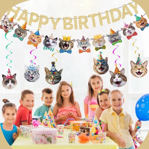 KINGZONE Cat Happy Birthday Banner - Cat Birthday Decorations Party Decor Supplies for Kids, Boys, Girls