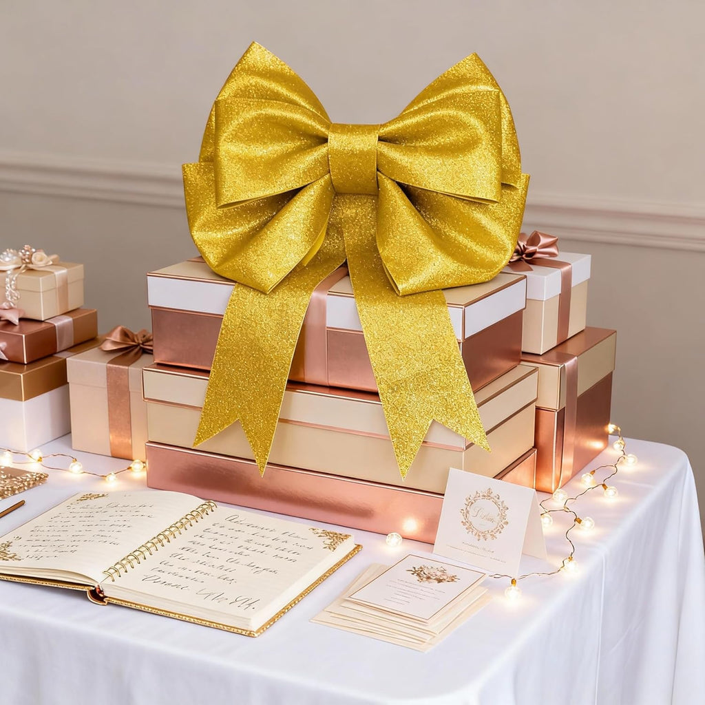 Skiennix 2 Pack Large Gold Glitter Bows - 20"x24" Giant DIY Party Decorations | Perfect for Weddings & Gifts