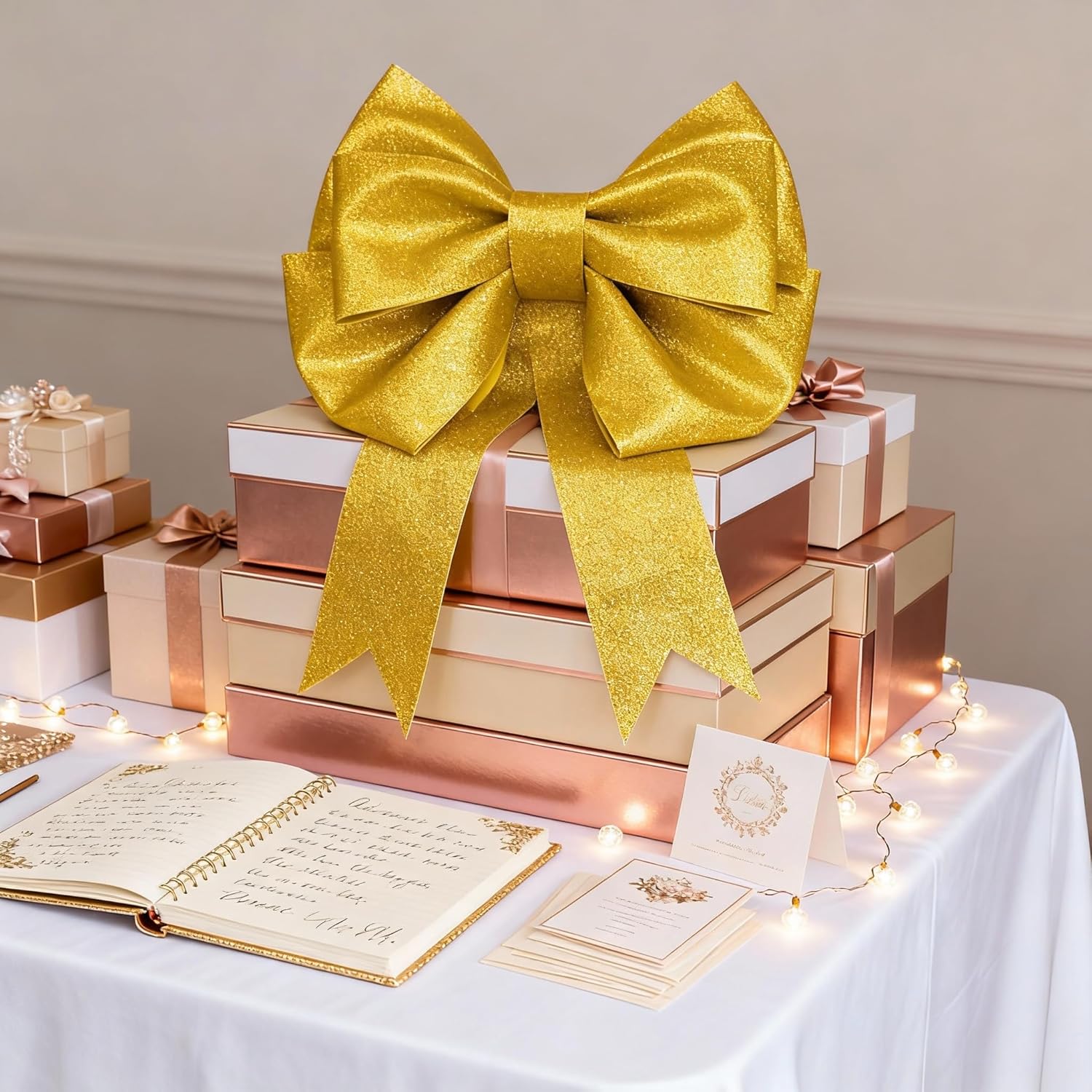 Skiennix 2 Pack Large Gold Glitter Bows - 20"x24" Giant DIY Party Decorations | Perfect for Weddings & Gifts