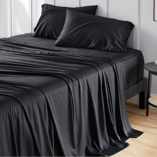 Bedsure Cooling California King Sheet Set - Breathable Rayon from Bamboo, Soft & Luxurious, Deep Pocket Black