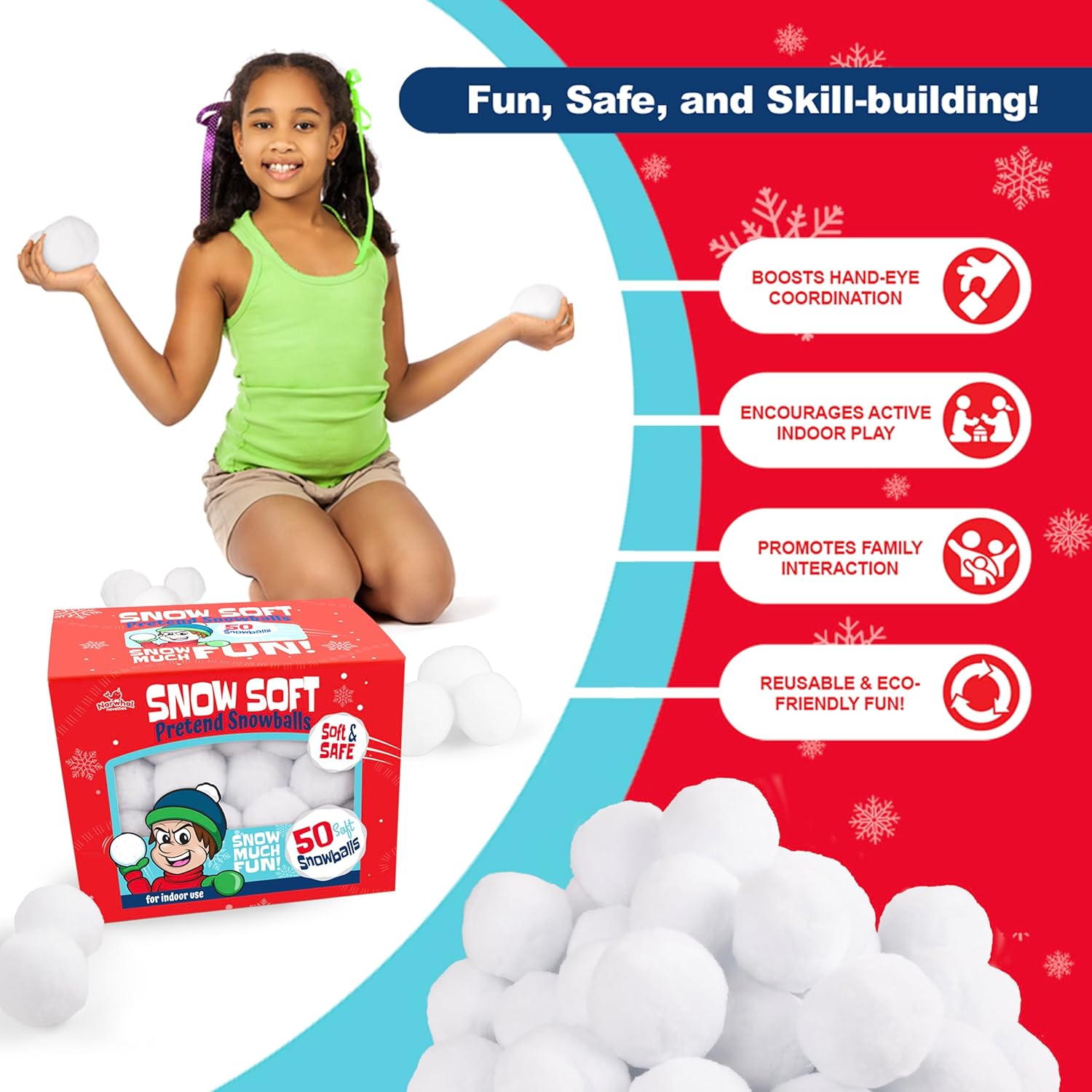 Narwhal Novelties 50 Pack Fun Fake Snowballs - 2-Inch Artificial Snowballs for Indoor/Outdoor Play | Perfect for Winter Games & Decorations