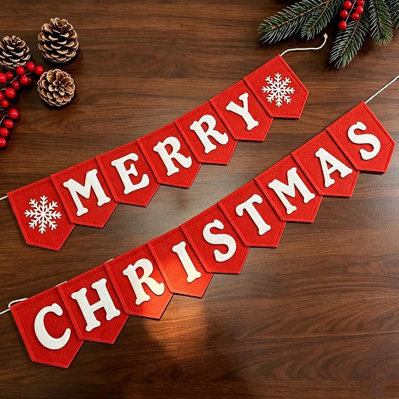 Merry Christmas Banner - Red White Felt Indoor Wall Sign, Ready-to-Hang (Variation: Red White)