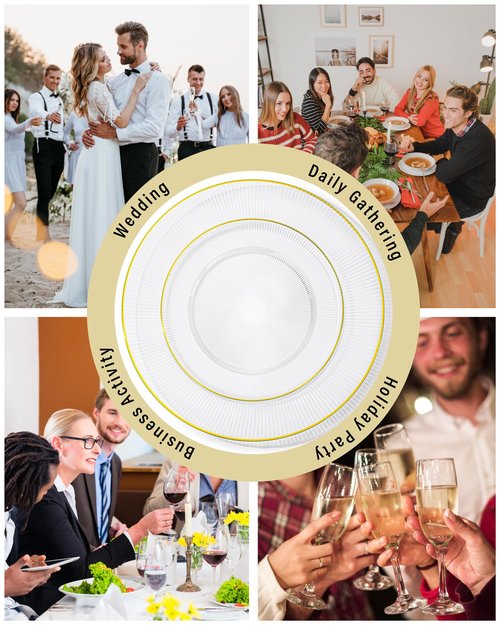 Hioasis 60pcs Clear and Gold Plastic Plates - Clear Disposable Dinnerware Set, 30pcs Dinner 10.25in & 30pcs Dessert 7.5in Plates with Striped Designs for Party & Wedding