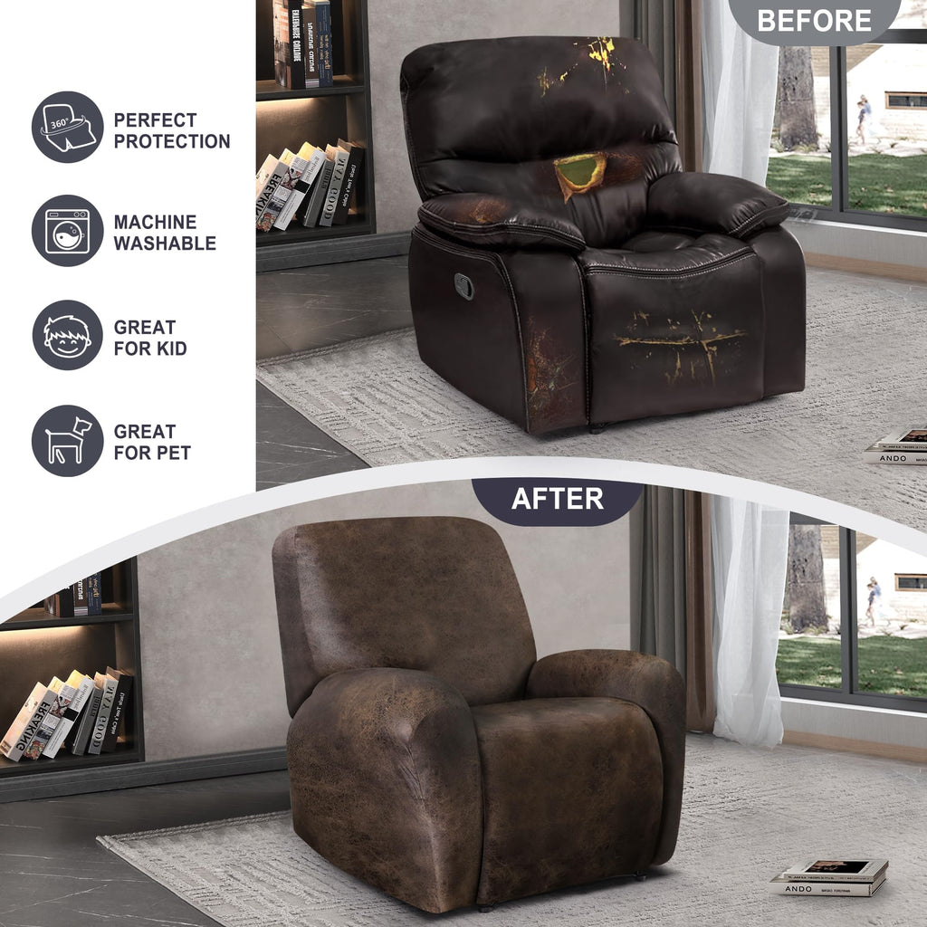 ANARACHON Leather Look Recliner Chair Covers, 4-Pieces Stretch Recliner Cover, Soft Reclining Chair Slipcover, Washable Furniture Protector for Lazy Boy Recliner (1 Seater, Brown)