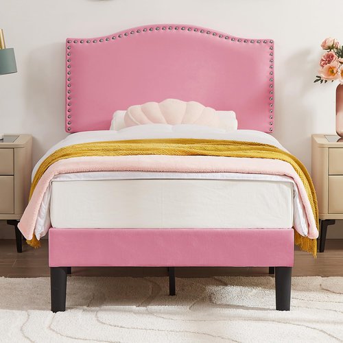 VECELO Twin Bed Frame, Platform Bed Frame with Adjustable Height Upholstered Headboard, Heavy-Duty Frames and Strong Wooden Slats Support, Non-Slip and Noise-Free, Easy Assembly, Pink