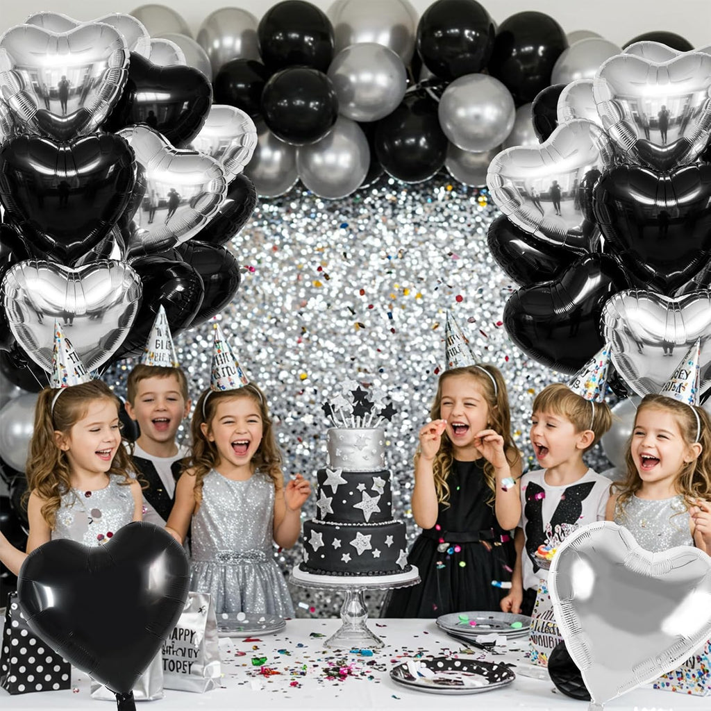 TONIFUL 30Pcs Black & Silver Heart Shape Foil Balloons - 18 Inch Party Decorations for Birthdays & Weddings