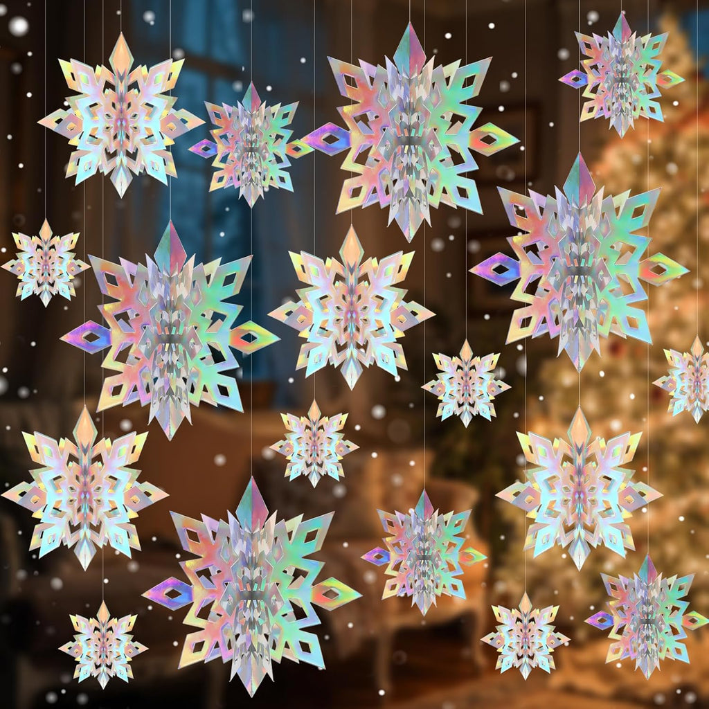 Skiennix Winter Snowflake Decorations - 12 Pcs 3D Iridescent Hanging Ornaments for Holiday Decor