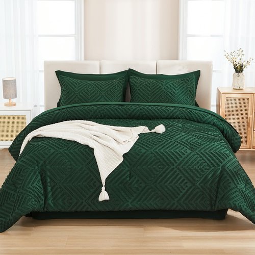 Andency Oversized Queen Comforter Set 7 Piece Dark Emerald Green - Bed in a Bag Oversized Queen Boho Lightweight Fluffy Tufted Bedding Sets with Comforter, Sheets, Pillowcases & Shams