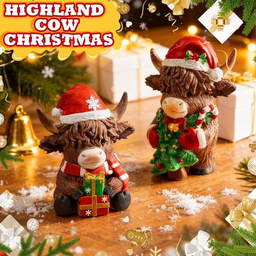 Exasinine Highland Cow Figurines - Festive Christmas Decor with Santa Hat & Candy Cane | 2 Pcs Set