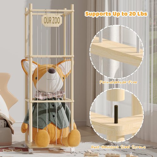UAMFURI Stuffed Animal Storage with Net Wooden Toy Storage Organizer Stuffed Animal Zoo Storage with Lockable Wheels for Toddler Rooms, Playrooms & Bedrooms (4-layers)