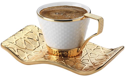DEMMEX Turkish Greek Arabic Bosnian Coffee & Espresso Cup Set for 6 – 18 Pcs, Porcelain Demitasse Cups (2.6 Oz/80ml) with Gold Metal Holders & Saucers – Ottoman Chic Elegance, White & Gold