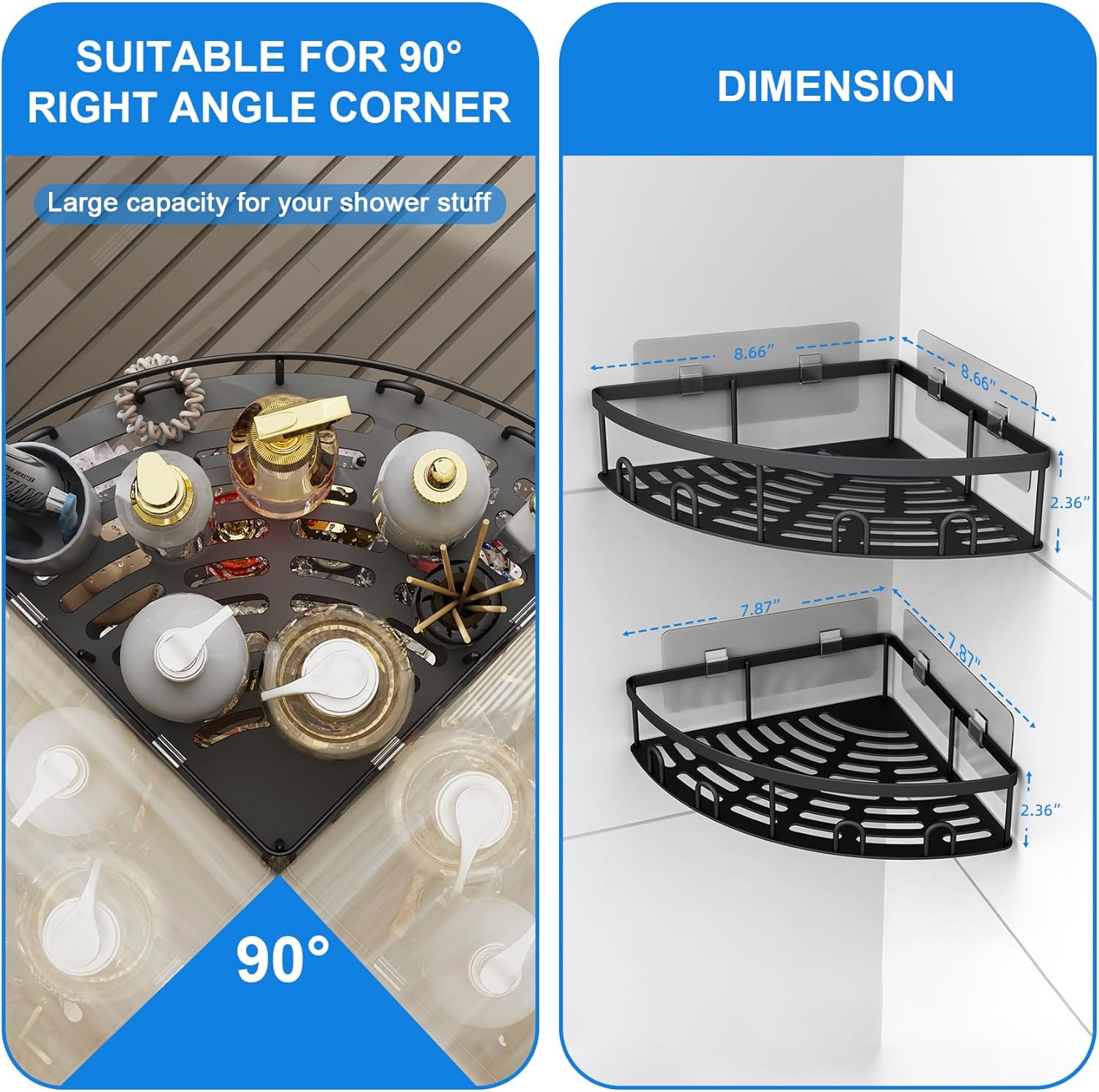Skiennix Corner Shower Caddy - 2 Pack Adhesive Organizer Shelf | Rustproof Wall-Mounted Storage Rack (Black)