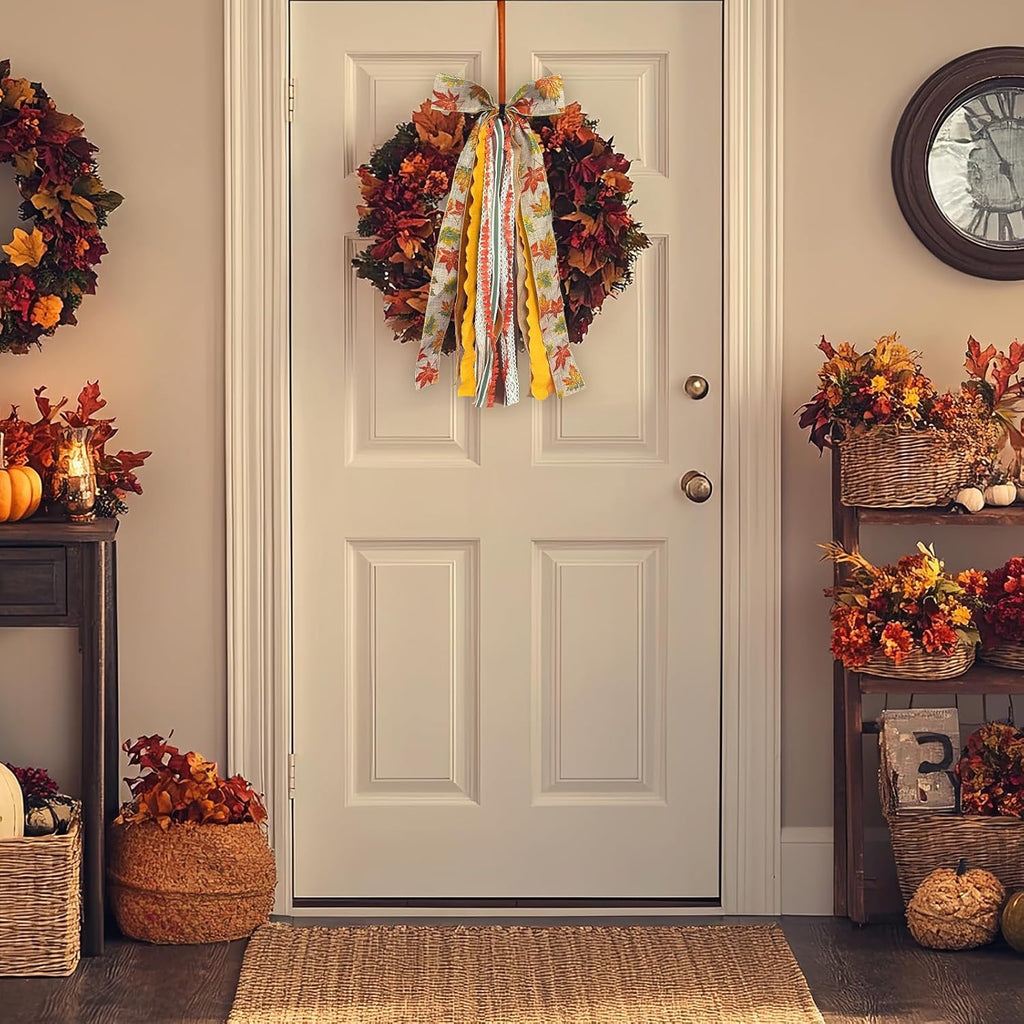 Skiennix Large Fall Ribbon Bow - Assorted Orange Maple Leaves Fabric Ribbons for Thanksgiving Decor