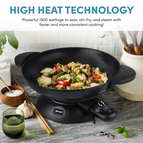Aroma Housewares AEW-306 Electric Wok with Tempered Glass Lid Easy Clean Nonstick, Cooking Chopsticks, Tempura and Steaming Racks, Professional Model, Black