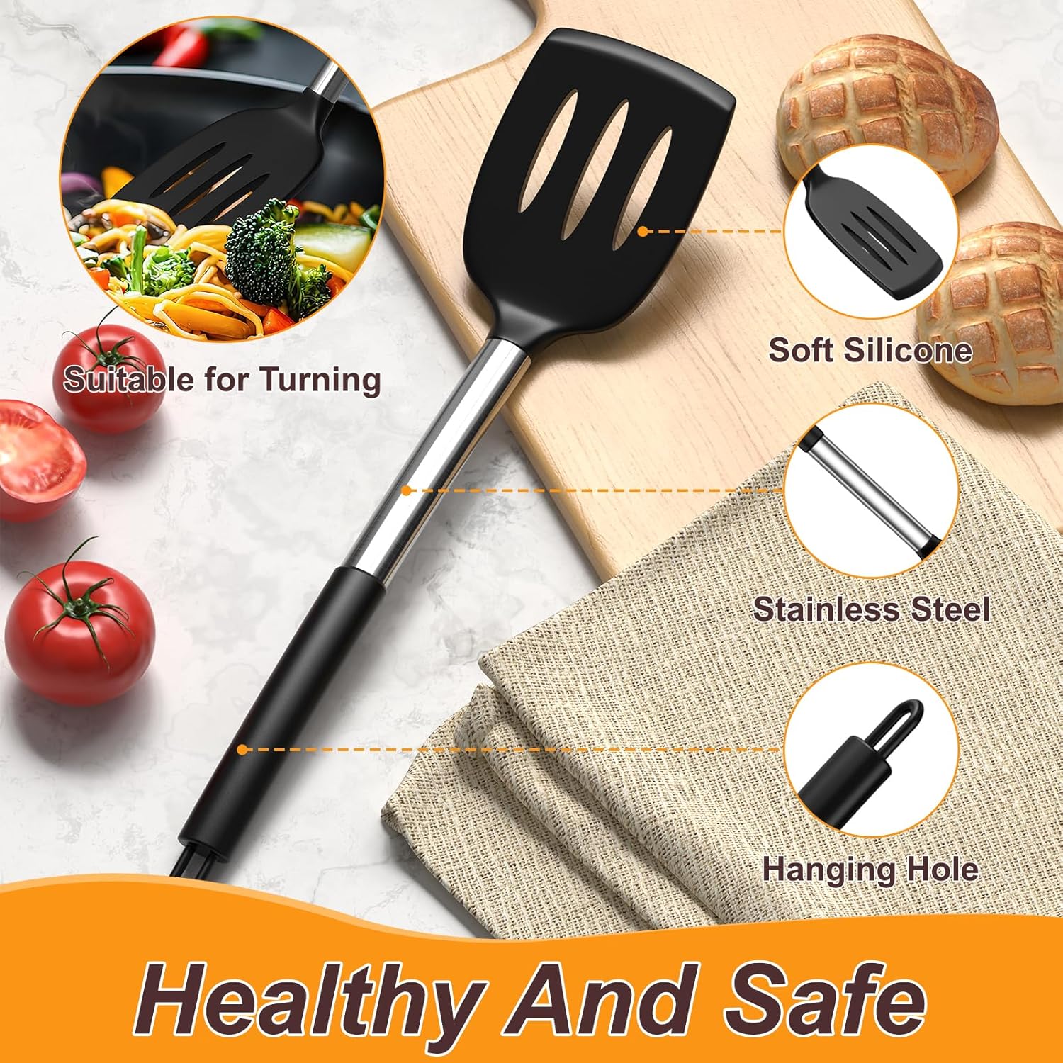 Yoehka Silicone Cooking Utensils Set - 4Pcs Heat Resistant Kitchen Tools with Stainless Steel Handles | Black