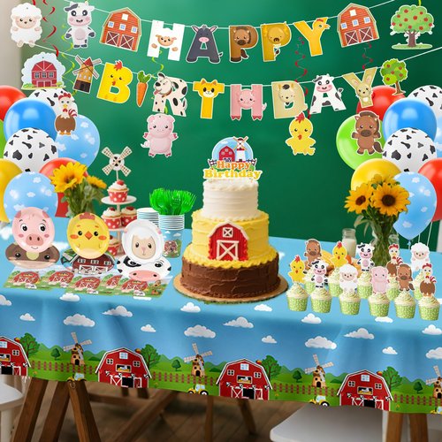 Farm Animals Birthday Decorations,161pcs Party Decorations Include Tablecloth,Plate and Napkin,Cup,Fork,Banner,Balloon,Cake Topper,Hanging Swirls, Farm Animals Themed Party Decorations Serve 24