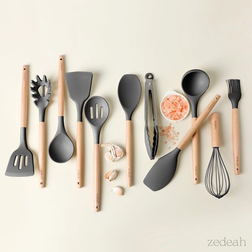 ZEDEAH 11-Piece Silicone Kitchen Utensils Set with Non Toxic Spatula, Tongs, Whisk, Turner & Ladle – Heat Resistant, Non-Scratch Cooking Tools with Wooden Handles, BPA-Free, Dishwasher Safe (Black)