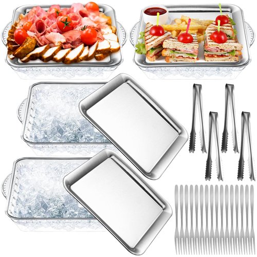 Baderke 4 Set 9" Chilled Serving Tray for Parties with Compartments Ice Chilled Party Platter Charcuterie Serving Board Cold Dish Dip with Forks Tongs for Fruit Seafood Vegetable Appetizer(Silver)