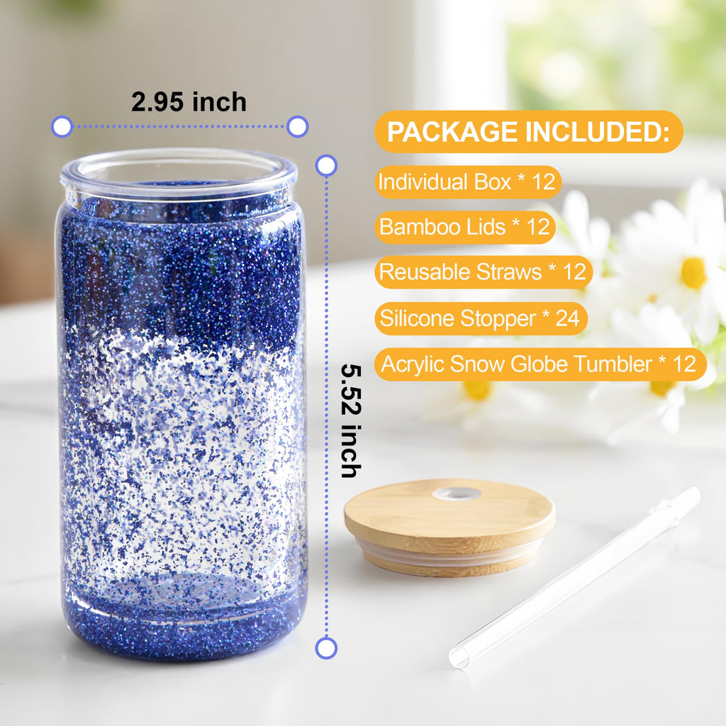 FECBK 12 Pack Acrylic Snow Globe Tumbler with Bamboo Lids and Straws 16 oz Plastic Snowglobe Tumbler with Pre Drilled Hole Clear Double Wall Snowglobe Cups for Snow Globe Glitter DIY