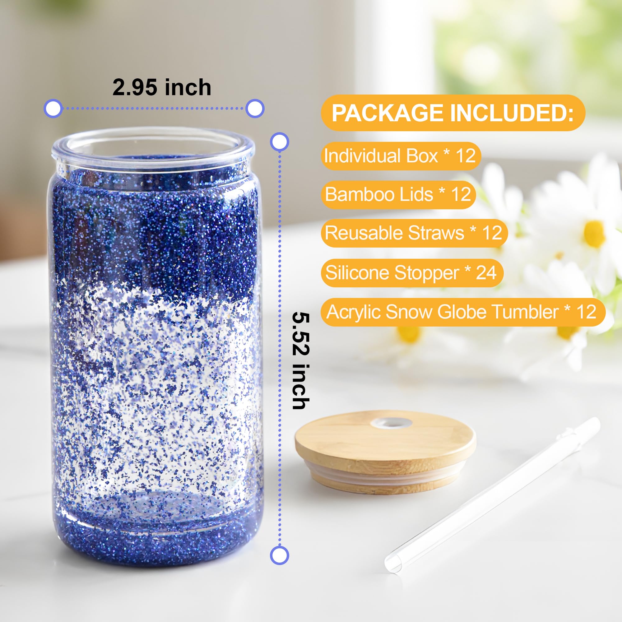 FECBK 12 Pack Acrylic Snow Globe Tumbler with Bamboo Lids and Straws 16 oz Plastic Snowglobe Tumbler with Pre Drilled Hole Clear Double Wall Snowglobe Cups for Snow Globe Glitter DIY