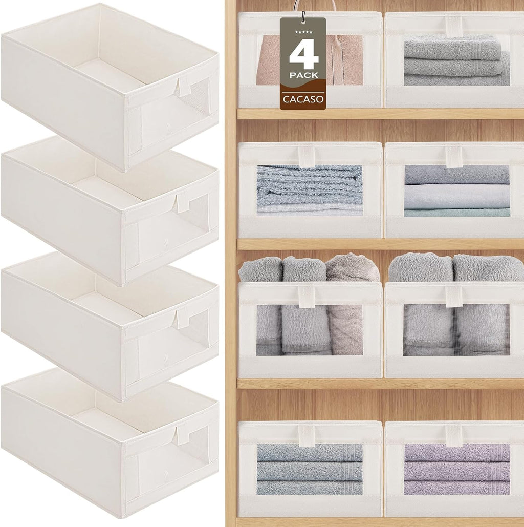 Skiennix Closet Organizer Bins - 4 Pack Foldable Linen Storage Baskets with Window | Beige