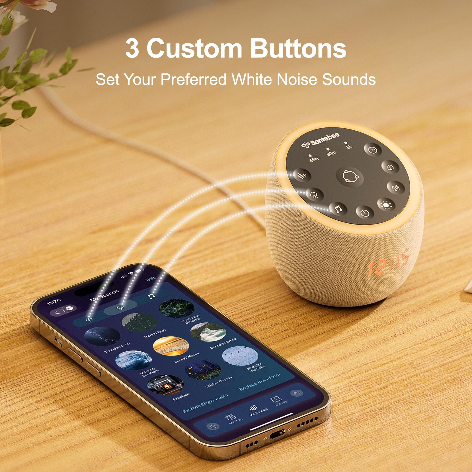 Santebee White Noise Sound Machine for Sleeping, 388 Soothing Sounds, Cocoon Pro 2 Smart APP Control, Custom Buttons Bedside Dimmable Alarm Clock Night Light, for Adults Baby Kids Lullaby