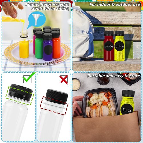 UZLU 165 Pcs 2 oz Small Plastic Juice Bottles with Black Caps Mini Clear Ginger Shot Containers with Tamper Proof Lids Reusable Travel Bottles with Funnels Labels for Juice Milk Water Other Beverages