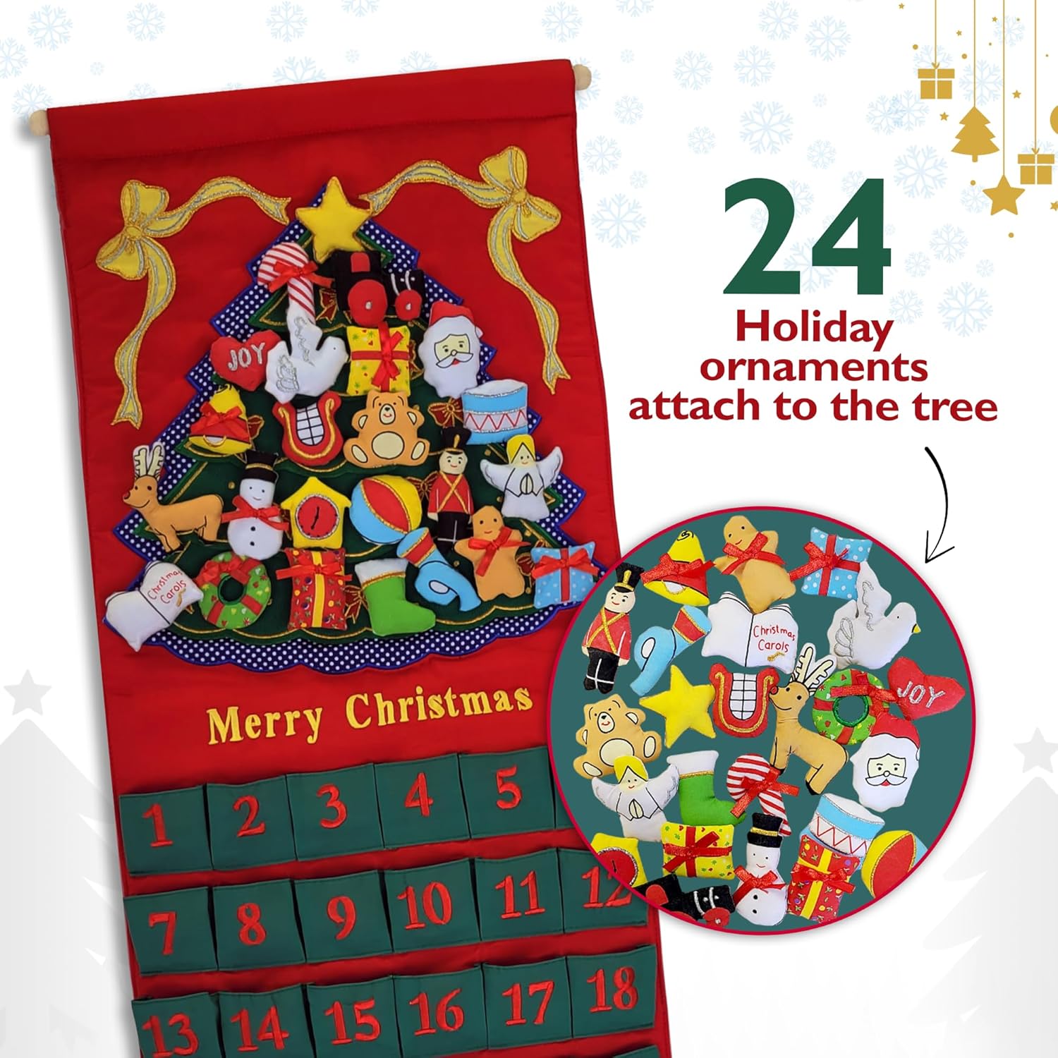 Pockets of Learning Merry Christmas Green Tree Advent Calendar - Festive Fabric Wall Hanging | 24 Stuffed Ornaments