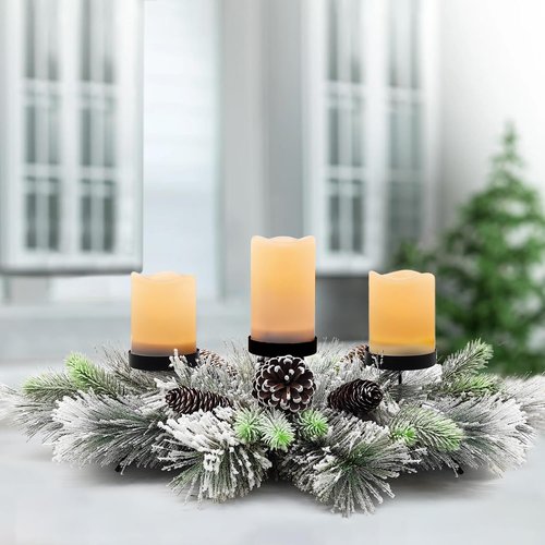 Handcrafted Christmas Centerpiece by [Brand Name] - Snowy Pine Cones & Needles with 3 Candle Holders | 27.5 in