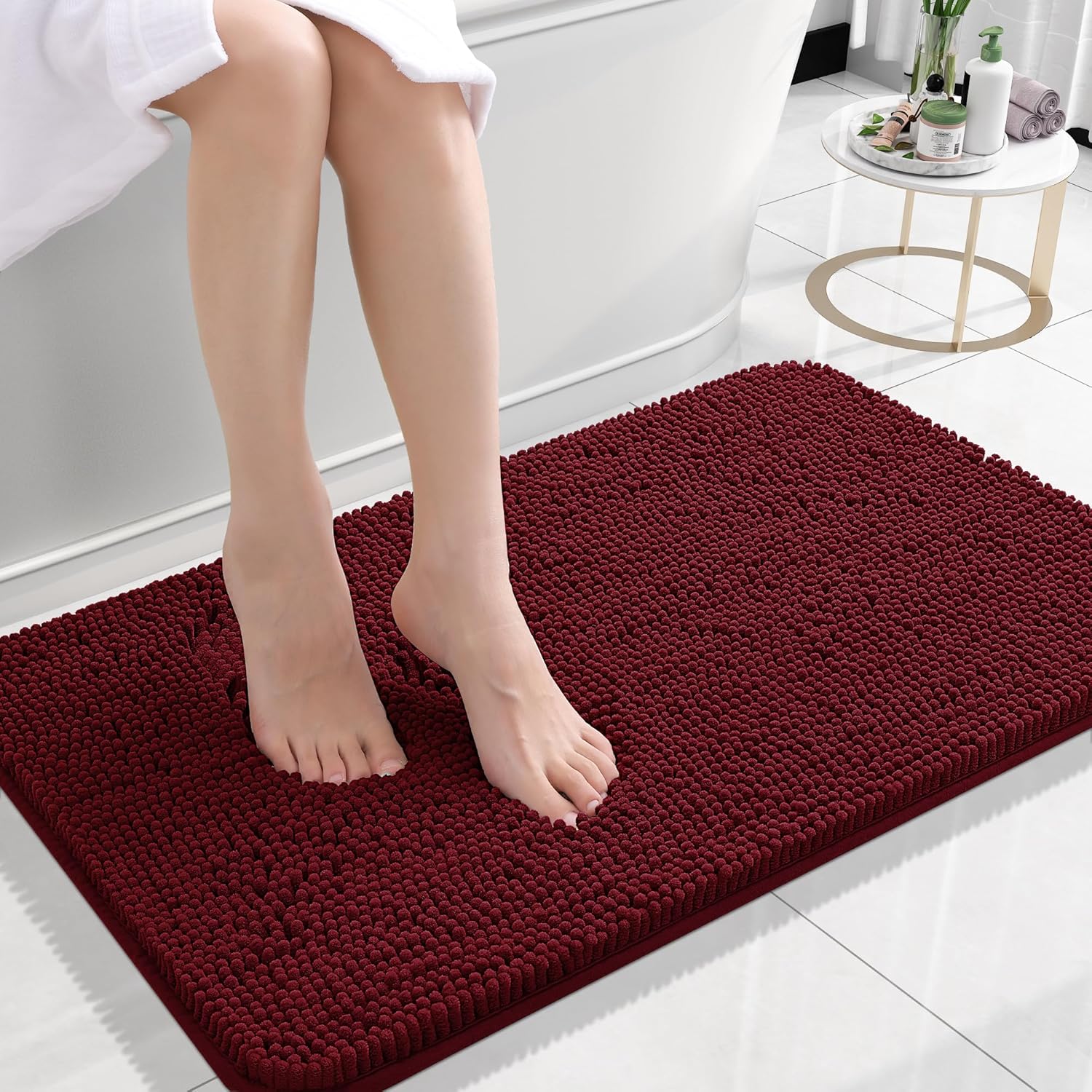 OLANLY Small Bathroom Rugs - Extra Soft Chenille Bath Mats | Quick Dry, Machine Washable, 24x16, Burgundy
