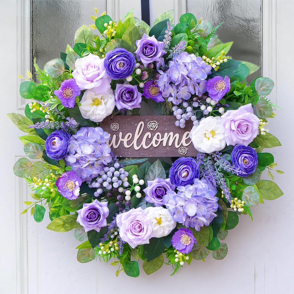 Skiennix 24-Inch Spring Wreath - Luxury Purple Floral Design with Welcome Sign | Roses, Hydrangeas & Eucalyptus for Outdoor Decor