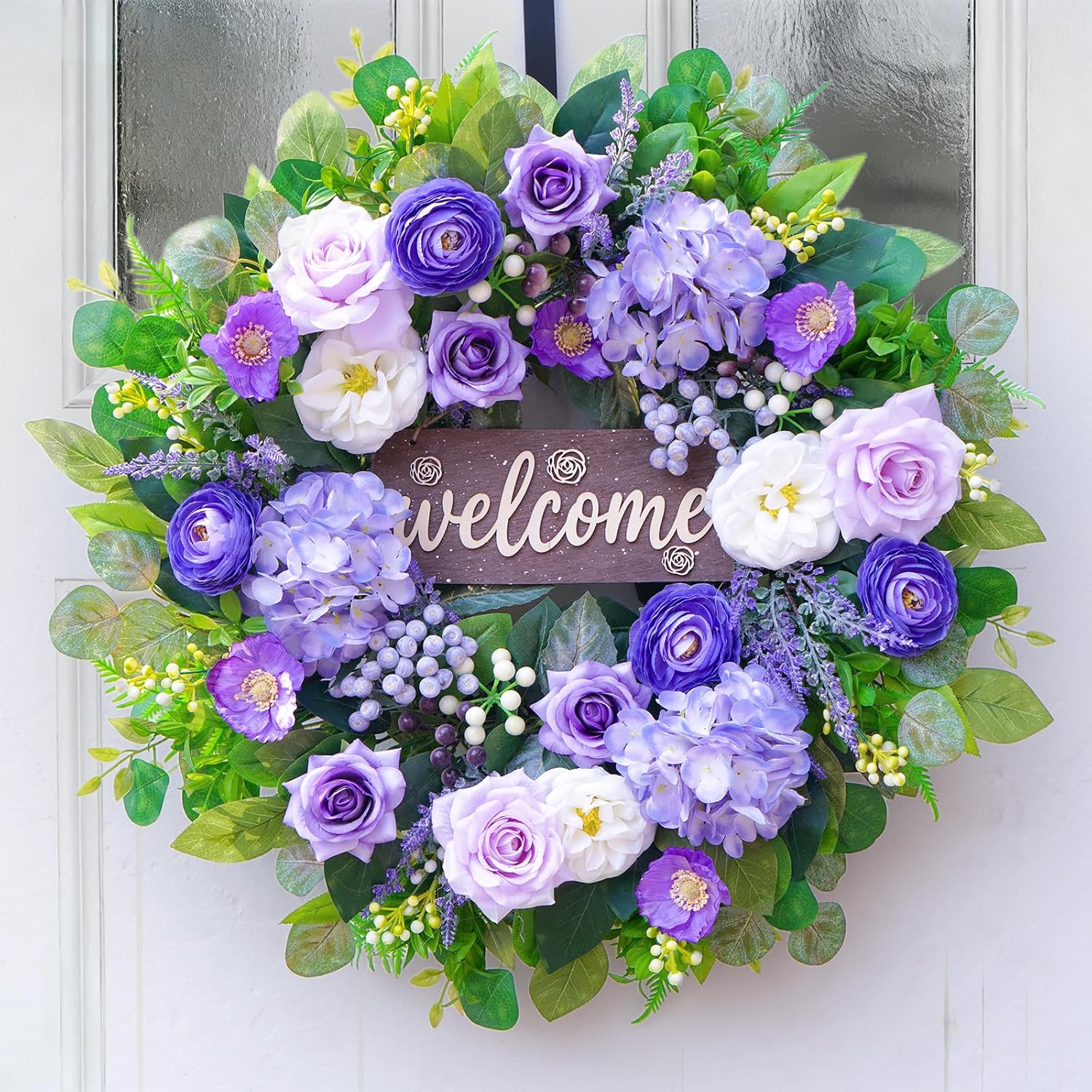 Skiennix 24-Inch Spring Wreath - Luxury Purple Floral Design with Welcome Sign | Roses, Hydrangeas & Eucalyptus for Outdoor Decor