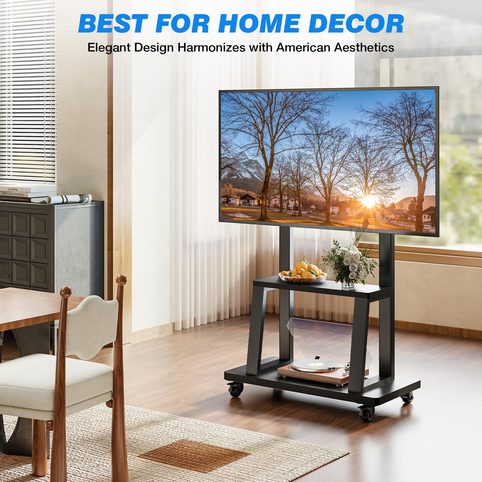 Rfiver Mobile TV Cart Rolling TV Stand for 37-75 inch TVs Up to 150lbs, Heavy-Duty Portable TV Stand on Wheels with 2-Tier Wooden Storage Shelves, Height Adjustable, Max VESA 600x400mm, Black