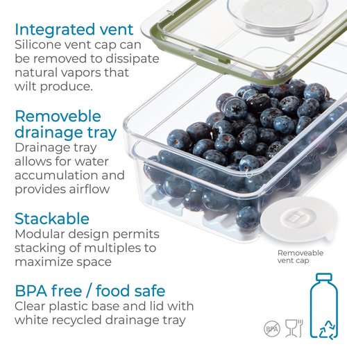 iDesign Medium Fridge Produce Bin with Removable Drainage Tray and Lid - Set of 2 - Clear
