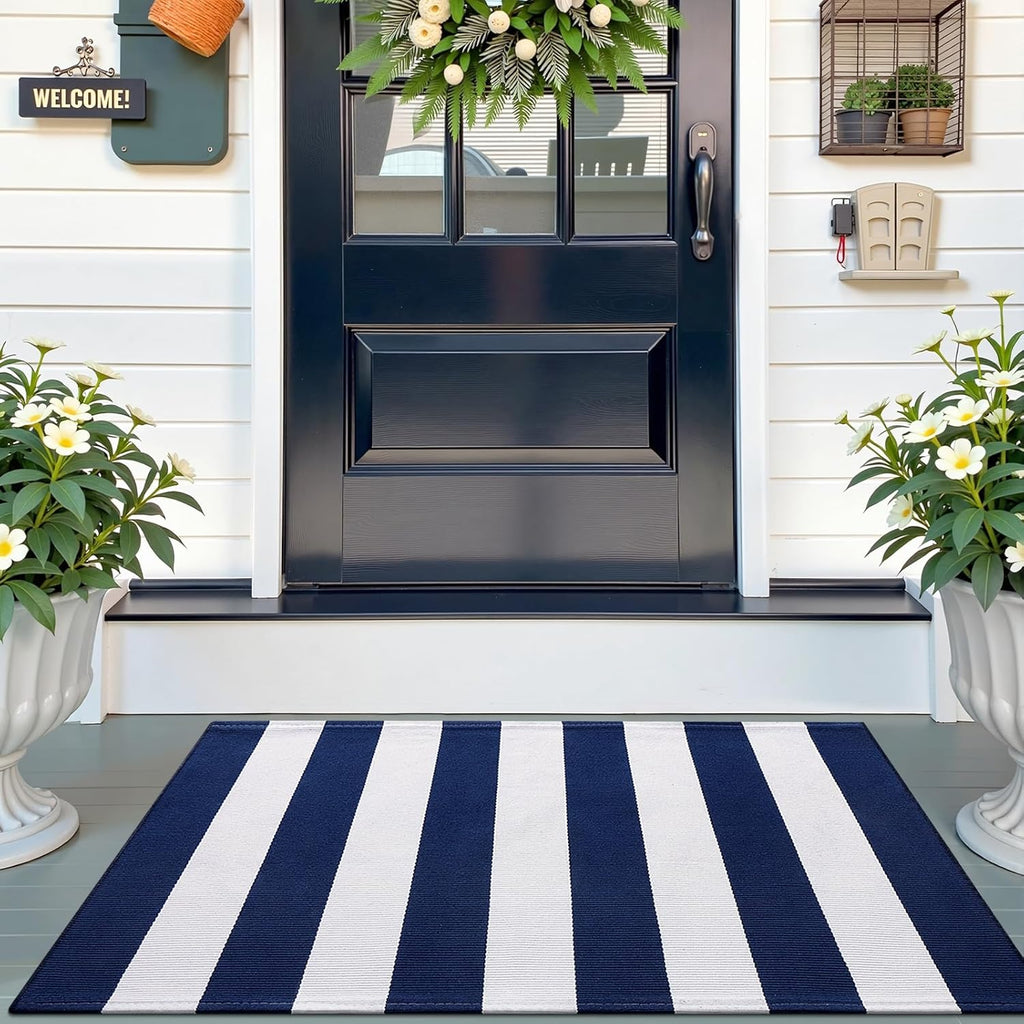 OLANLY Striped Rug - Navy & White Washable Cotton Doormat | 2'4" x 3'7" for Indoor & Outdoor Use