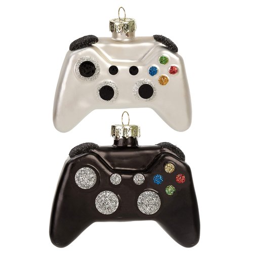 JOYIN Christmas Video Game Controller Small Glass Ornament, 2 pcs Mini Black and White Glass Blown Set Handcrafted for Tree Hanging Ornament Outdoor Christmas Decorations Indoor