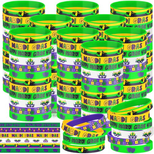 Lunmon 120 Pcs Mardi Gras Silicone Bracelets Bulk Mardi Gras Throw Happy Carnival Bracelets Clown Circus Carnival Rubber Wristbands for Party Birthday Supplies Gifts