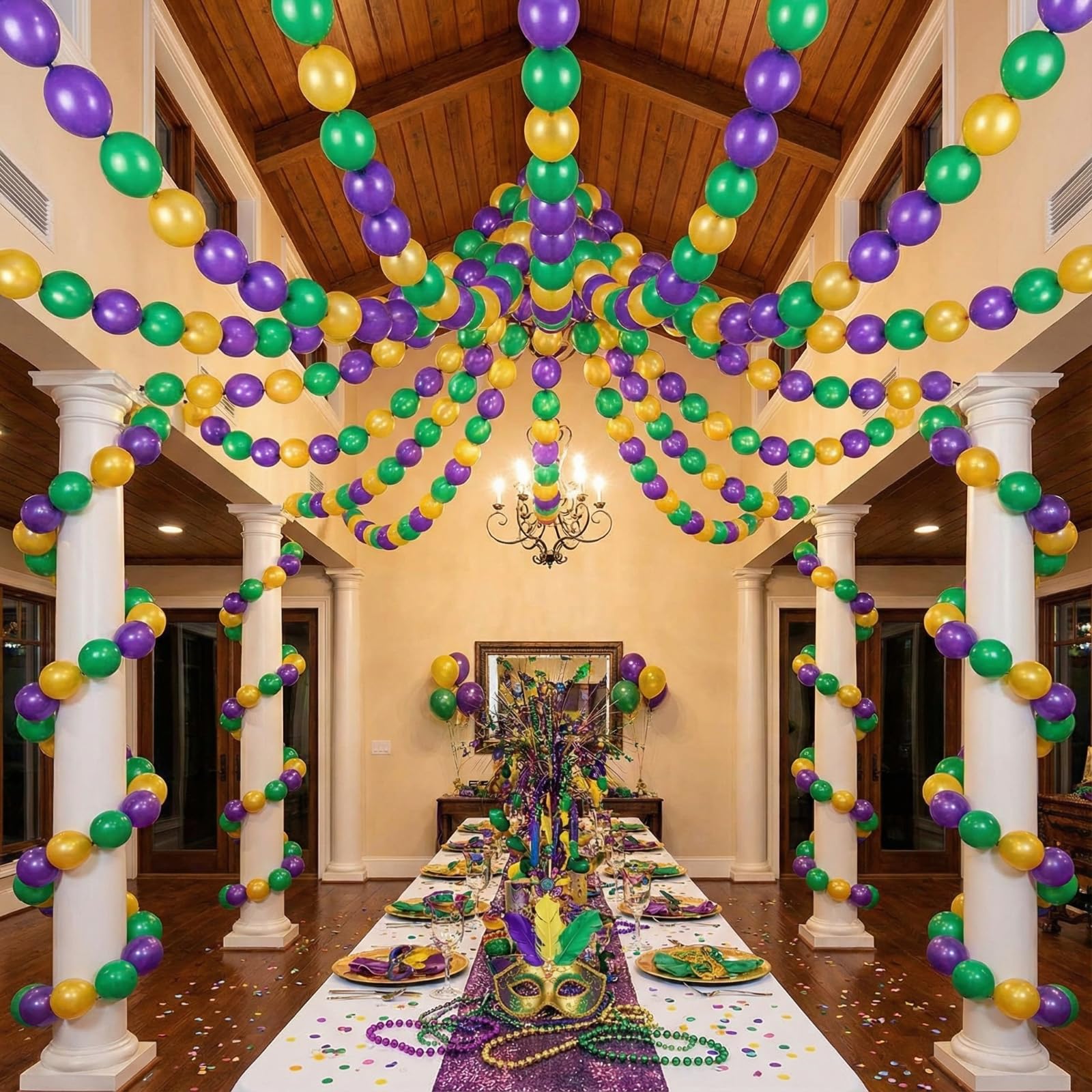 Soulchen 255 Pcs 6 Inch Mardi Gras Linking Balloons Decoration Green Gold Purple Link Balloons Jumbo Mardi Gras Bead Garland Ball Banner for Indoor Outdoor Carnival Birthday Wedding Graduation Decor