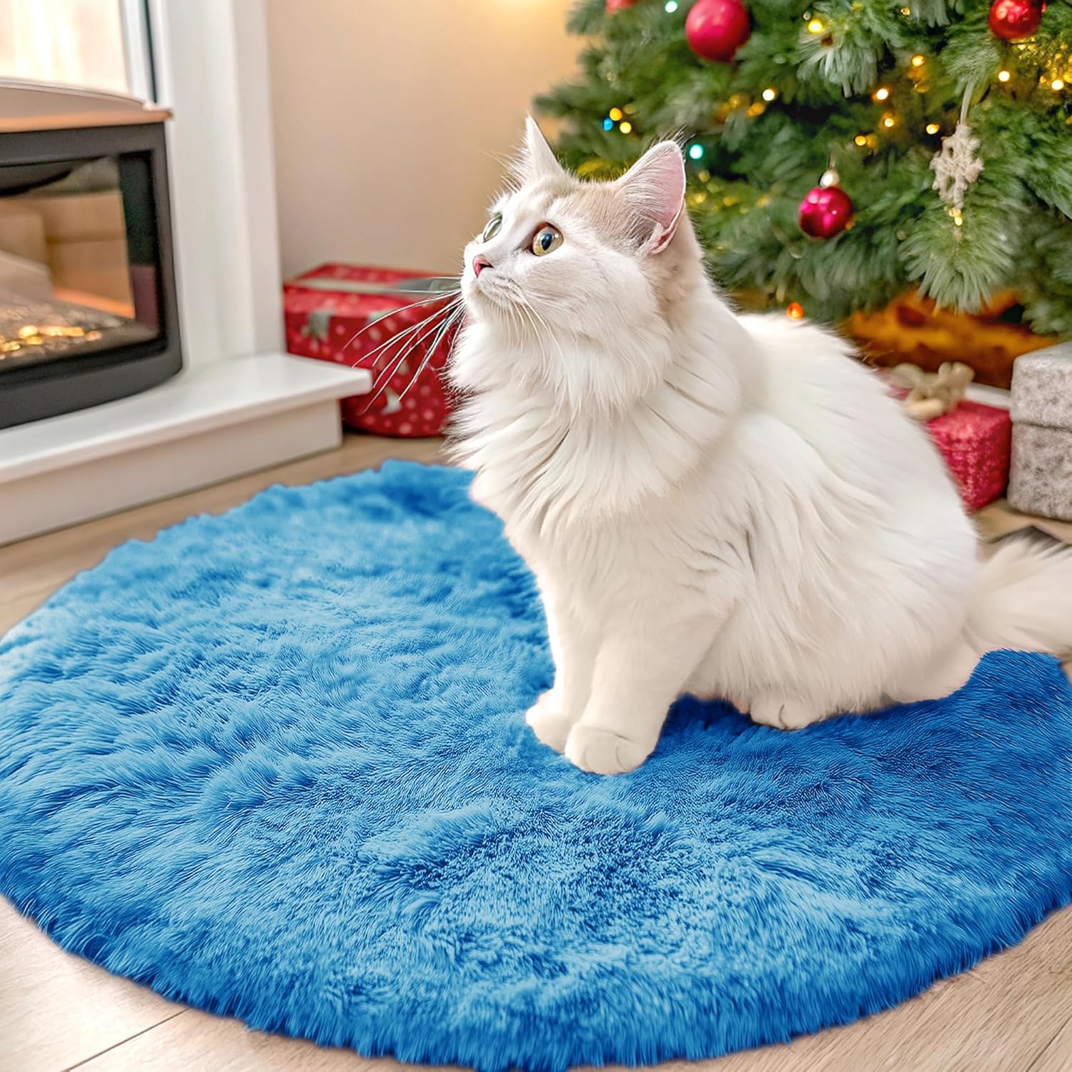 OLANLY Bright Blue Round Area Rug - Soft, Fluffy, Machine Washable 2 ft Circle Carpet for Bedroom & Nursery Decor
