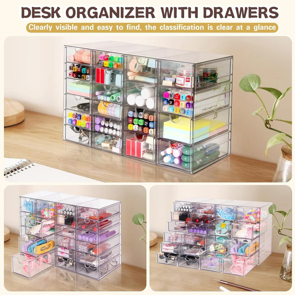 VZKAH Acrylic Organizer - 20 Drawer Desk Storage Solution | Clear Makeup & Craft Organizer