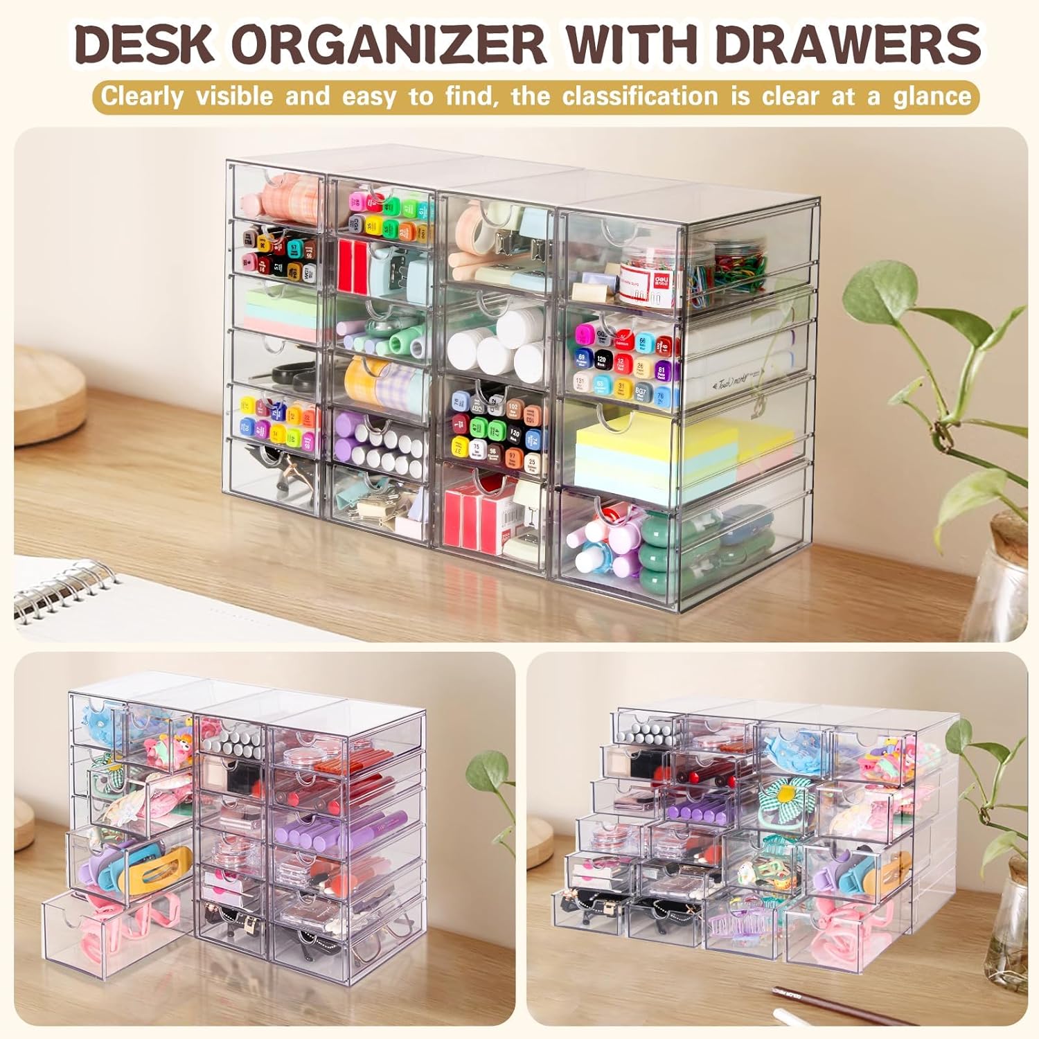 VZKAH Acrylic Organizer - 20 Drawer Desk Storage Solution | Clear Makeup & Craft Organizer