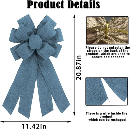 Blue Burlap Wreath Bow - 20 x 11 Inches | Easter Decor & Farmhouse Style Front Door Ornament