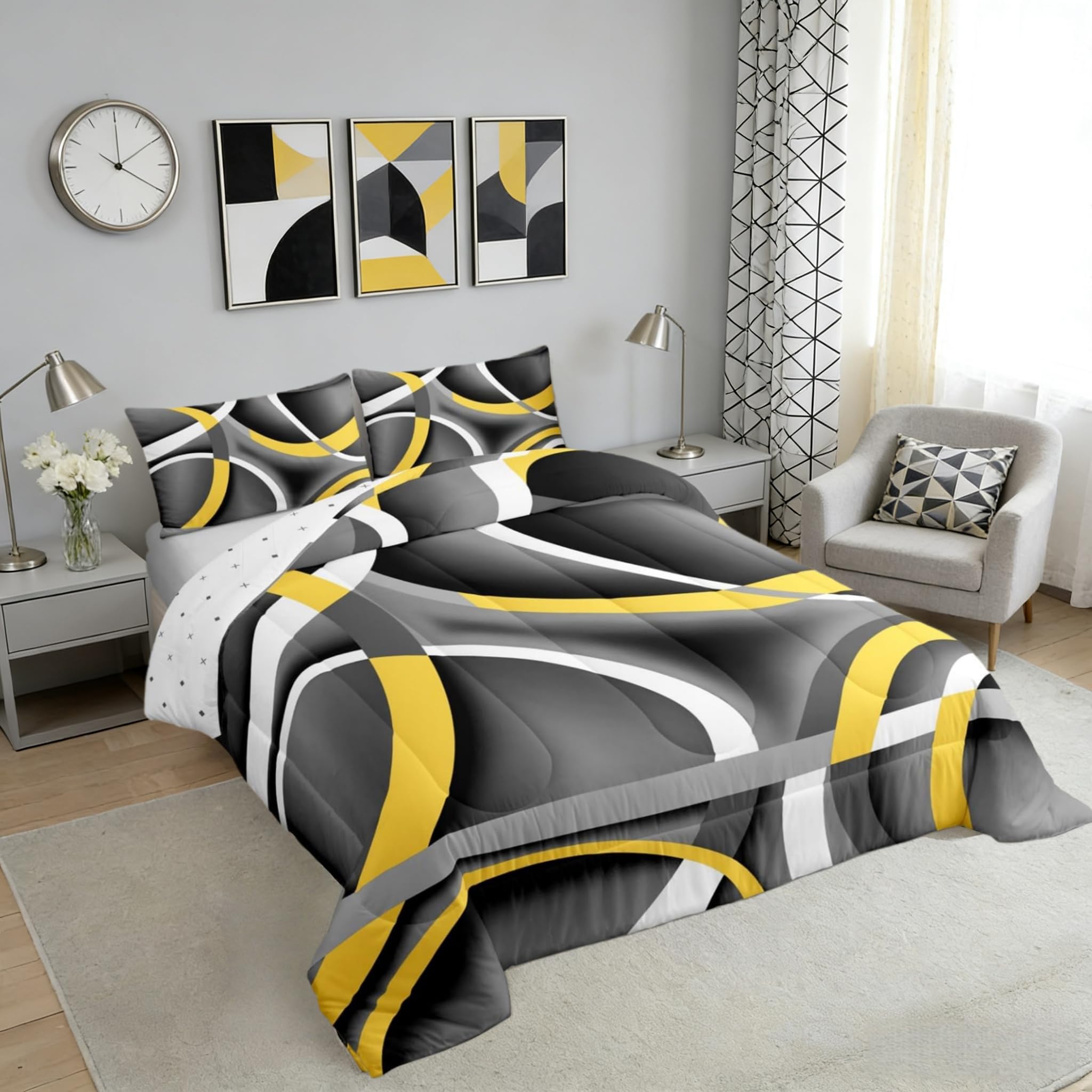 Castle Fairy Retro Circle Comforter Set Queen Size Yellow Gray Black Bedding Set for Kids Boys Girls Bedroom Decoration Stripe Line Art Bed Duvet Insert Geometric Modern Comforter with 2 Pillowcase