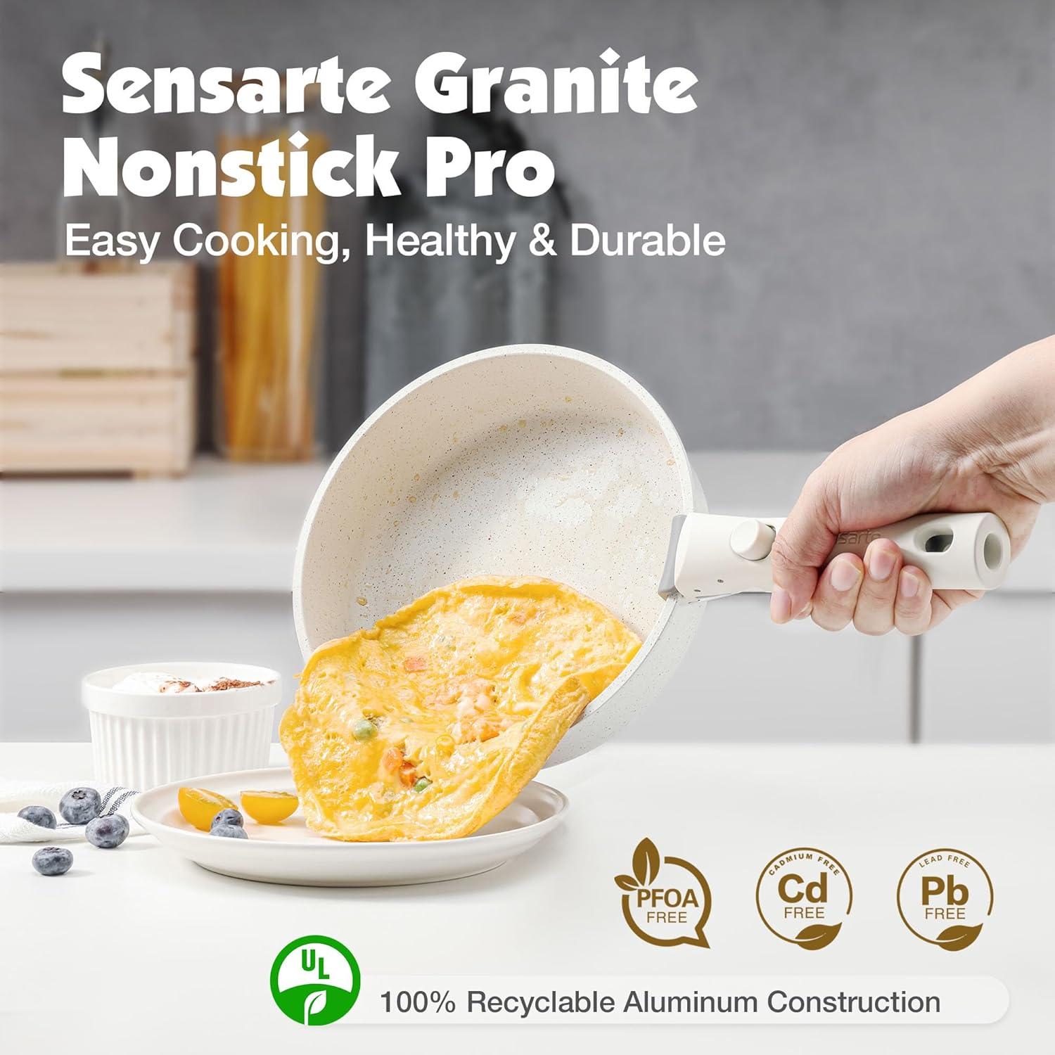 SENSARTE 13-Piece Nonstick Cookware Set - Detachable Handle, Induction Compatible, Dishwasher & Oven Safe (White)