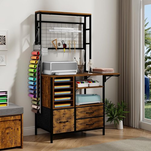 ARTETHYS Craft Organizer - Brown Storage Cabinet with Drawer & Fold-Out Desk for Craft Room