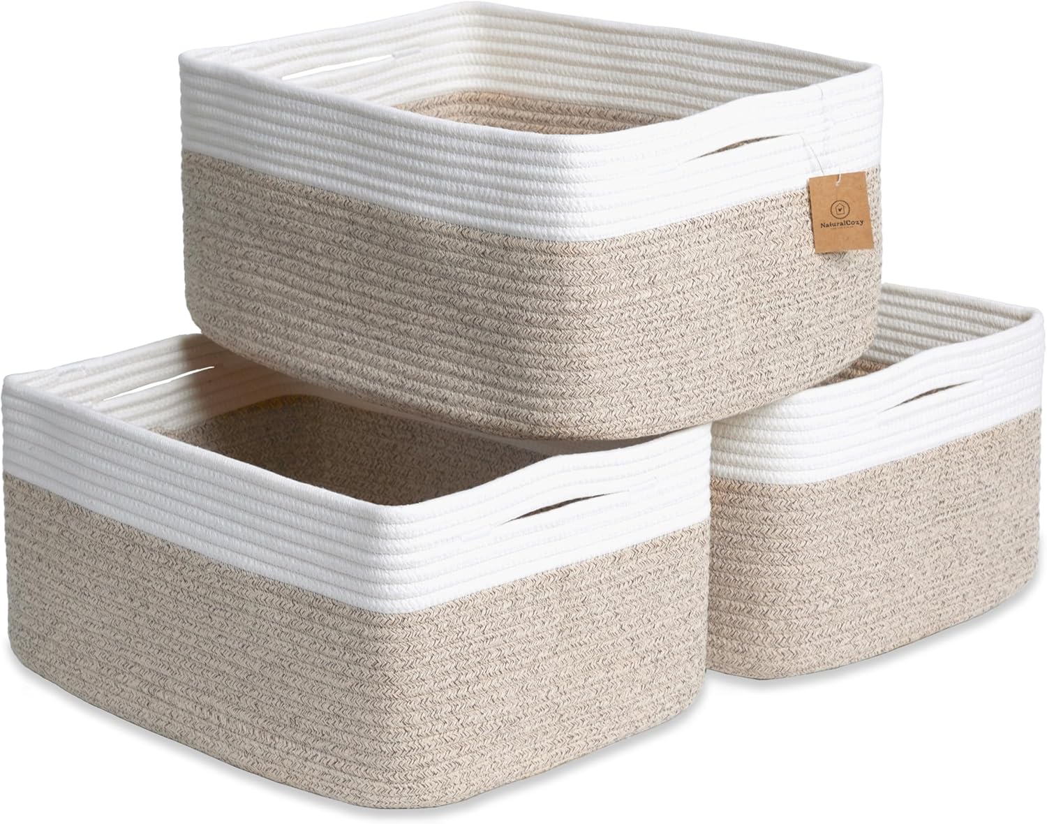 NaturalCozy Storage Baskets - 3-Pack Cotton Rope Bins for Organizing | 16.8”x13”x7.6” | Versatile Toy, Laundry, and Closet Storage